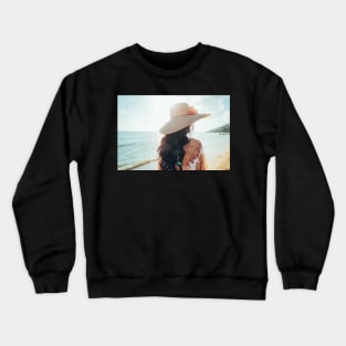 Elegant Woman With Straw Hat Walking Alone on Beach Crewneck Sweatshirt